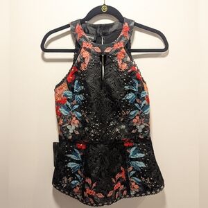 NWT Bebe Weekend Printed Overlay Peplum Top Medium MINOR FLAW Whimsicore